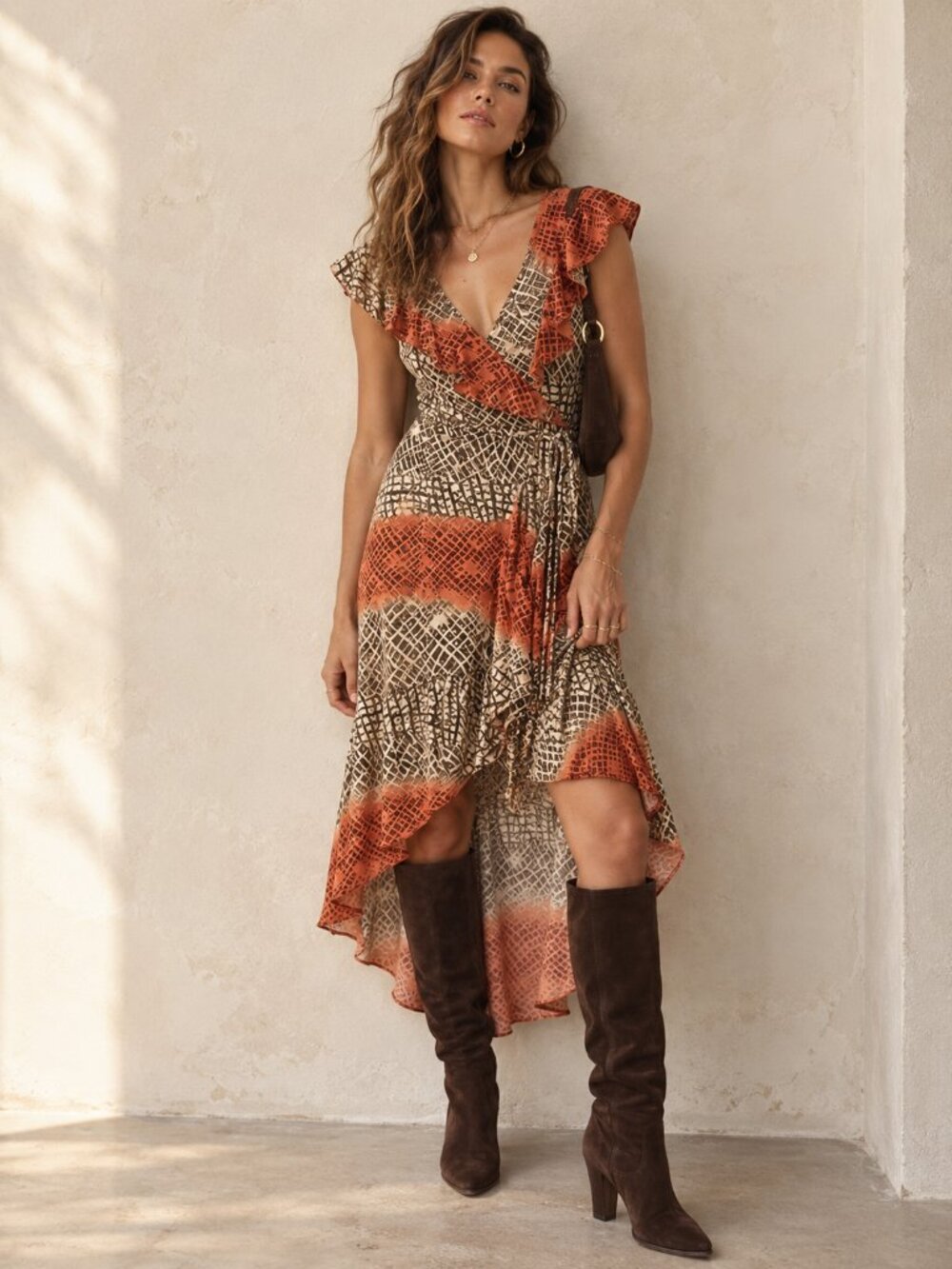 BEBE Y2K Geometric Ruffle Wrap Midi Dress High Low Hem Fall Boho Chic Womens M